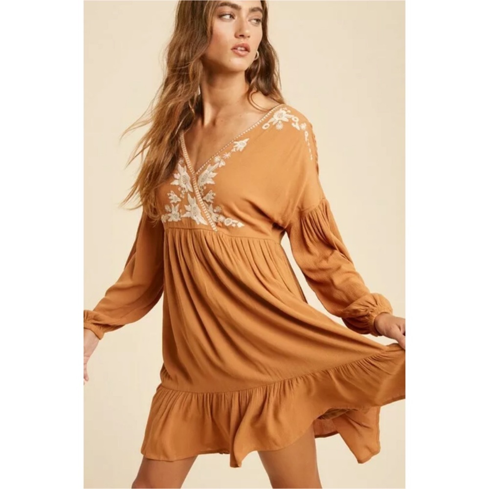 Earthen Embroidered Floral Ruffle Wrap Mini Dress - Picture 2 of 7